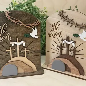 Christian Home Decor Religious Decoration He Is Risen Wooden Easter Decoration with Empty Tomb and Cross, Ideal for Home Church Office Shelves Desks Tiered Trays