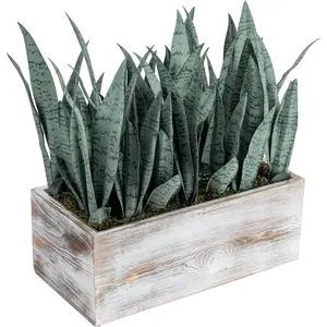 MyGift 15-Inch Large Artificial Snake Plant Centerpiece Arrangement in Rectangular White Washed Wood Planter Box, Tabletop Decorative Realistic Mother-in-Law's Tongue Houseplants Home Decor