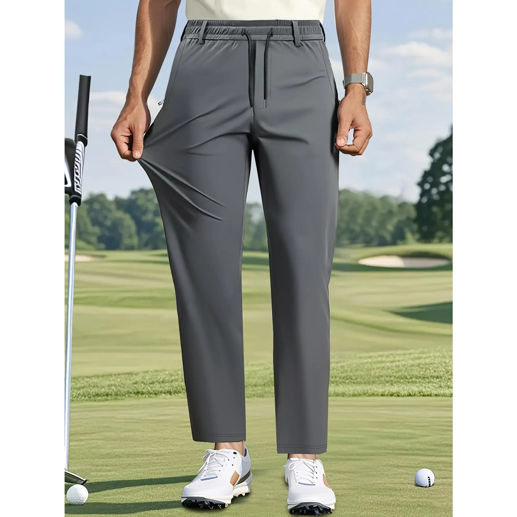 Men's drawstring golf casual straight leg pants High elasticity breathable multi pocket outdoor casual sports pants Elastic waist business commuting straight leg casual pants