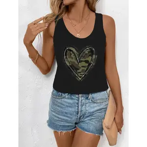 Women's Camo Heart Graphic Tank Top - Military-Inspired Geometric Print Sleeveless Shirt, Soft Stretch Cotton, Relaxed Fit, Machine Washable, Spring/Summer Casual Wear, Sizes S-XXL, Camo Tank Top, Summer Tank Shirt, Streetstyle Fashion, Comfortable Fabri