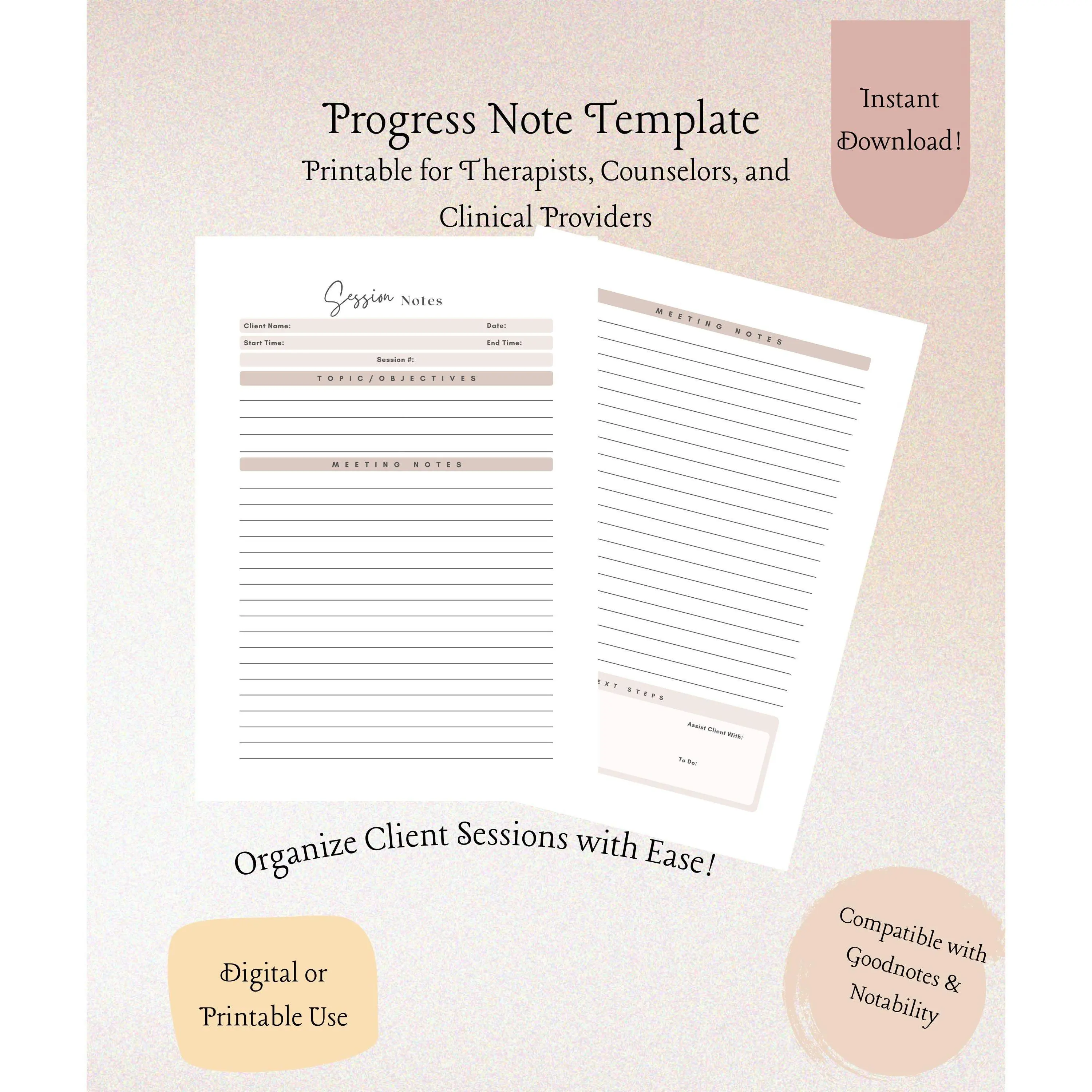 Therapy Progress Note Template – Fillable PDF for Mental Health, Case Notes, Psychotherapy, Treatment Plan, Session Documentation