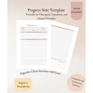 Therapy Progress Note Template – Fillable PDF for Mental Health, Case Notes, Psychotherapy, Treatment Plan, Session Documentation