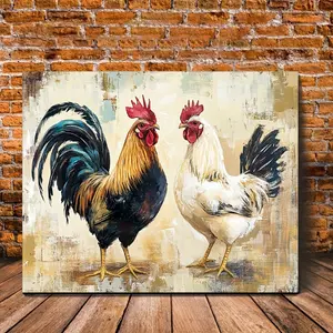 [2D Flat] 1pc Rustic Rooster and Hen Canvas Wall Art, 11.8x15.7inch Pine Wood Framed Farmhouse Style Painted Roosters, Vibrant Blue, Black & White Crested Birds with Warm Earthy Background, Indoor/Outdoor Spring & Summer Seasonal Decor for Kitchen, L