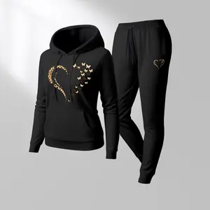 Women's Butterfly Love Cartoon Print Hoodie And Drawstring Track Pants Set, Casual Sportswear, Long-Sleeved Hooded Jacket And Pants, Suitable For Autumn And Winter, Everyday Wear, Indoor And Outdoor Sportswear, Casual Sportswear.