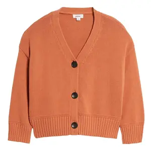 100% Cotton V-Neck Long Sleeve Button Front Knitwear Top for Women in Solid Color, Medium Length HYF1803615