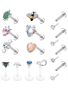 14 Pcs Modern Colorful Bee Turtle Heart Moon Star Planet CZ Piercing Studs for Women Men Casual Sophisticated Straight Piercing Kit Solid Stainless Steel Stable Screw Back Flat End Design Tragus Conch Helix Medusa Labret Nose Lip Piercings Jewelry Gifts