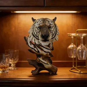 1 Pc Realistic Tiger Head Art Figurine，Vintage Realistic Natural Wild Style，Handcrafted with Detailed Tiger Facial Features & Imitation Deadwood Root Base，For Animal Lovers, Home Decor Enthusiasts & Men | Ideal for Home Decor & Men's Gifts