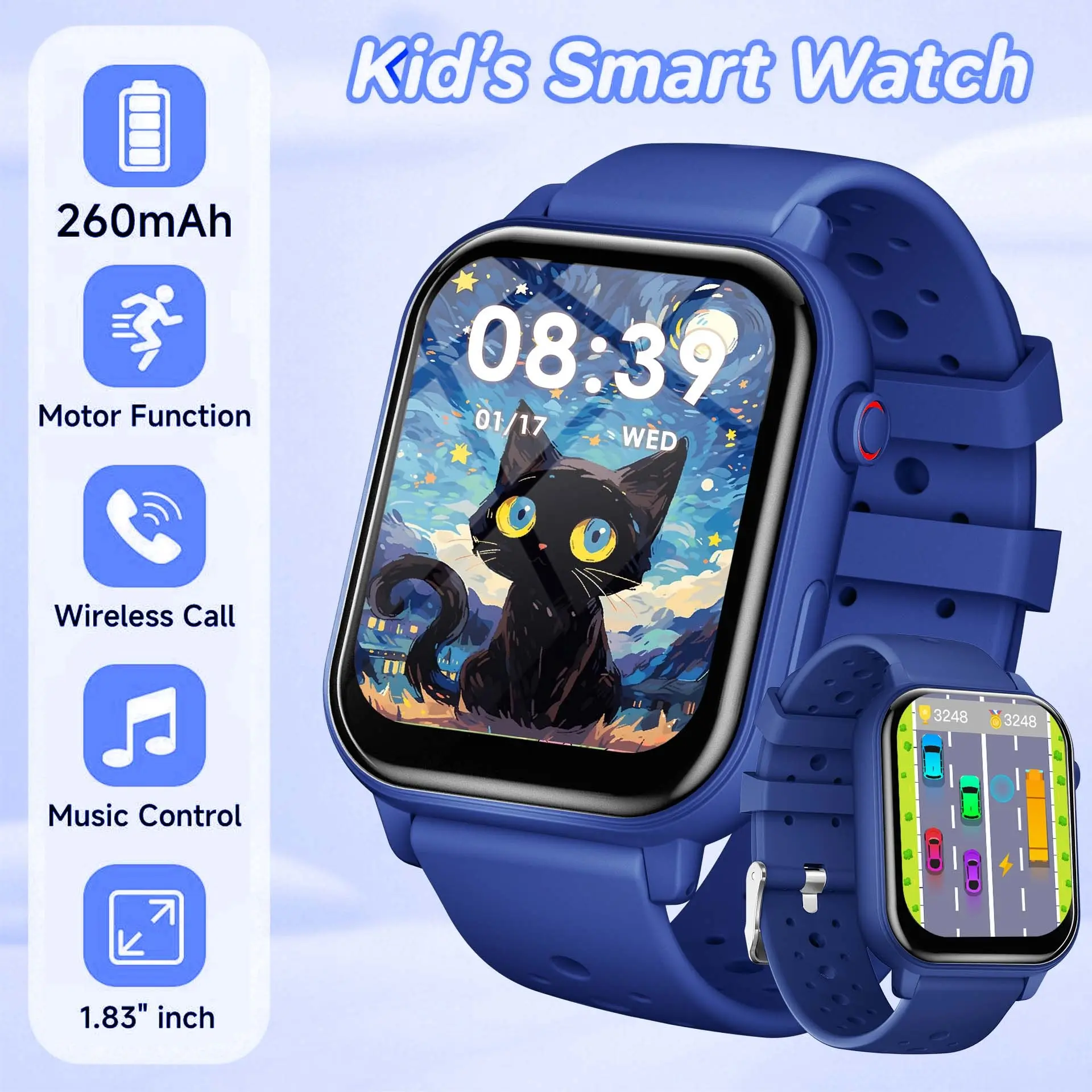 SIMSONLAB 1.83-Inch kid's Smartwatch, Child watch with Wireless Calling, Message Notifications, Multi-Sport Modes, Music Control, Customizable Watch Face, Pedometer, 260mAh Battery Life, Voice Assistant, Weather, Calculator - Suitable for Kids