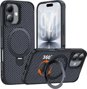 This is geek bar Designed for iPhone 17 Case with 360° Magnetic Stand, Carbon Fiber Phone Case [Compatible with Magsafe] [15FT Military Protection] with Stand Ring 6.3'', Black