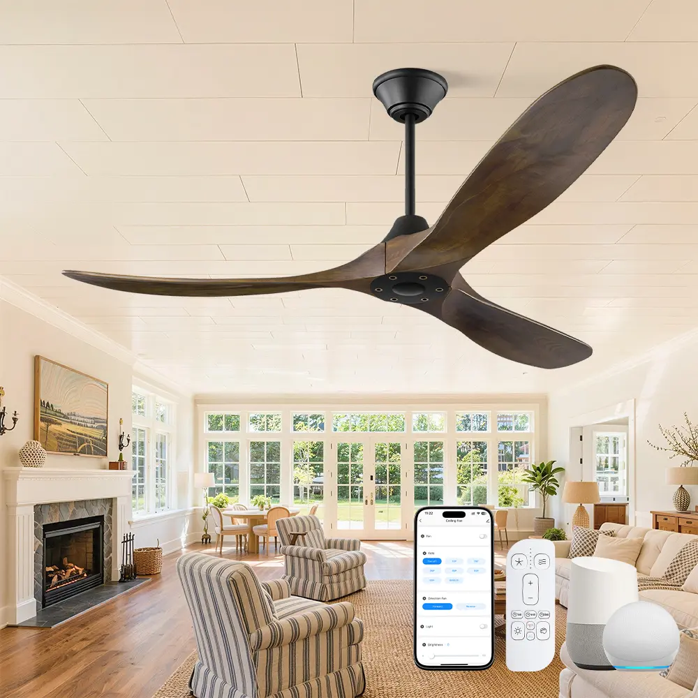 Smart Solid Wood Ceiling Fan with App & Remote Control, 6 Speed DC Reversible Motor, Quiet 3 Blade Ceiling Fan for Living Room, Bedroom & Large Indoor Spaces