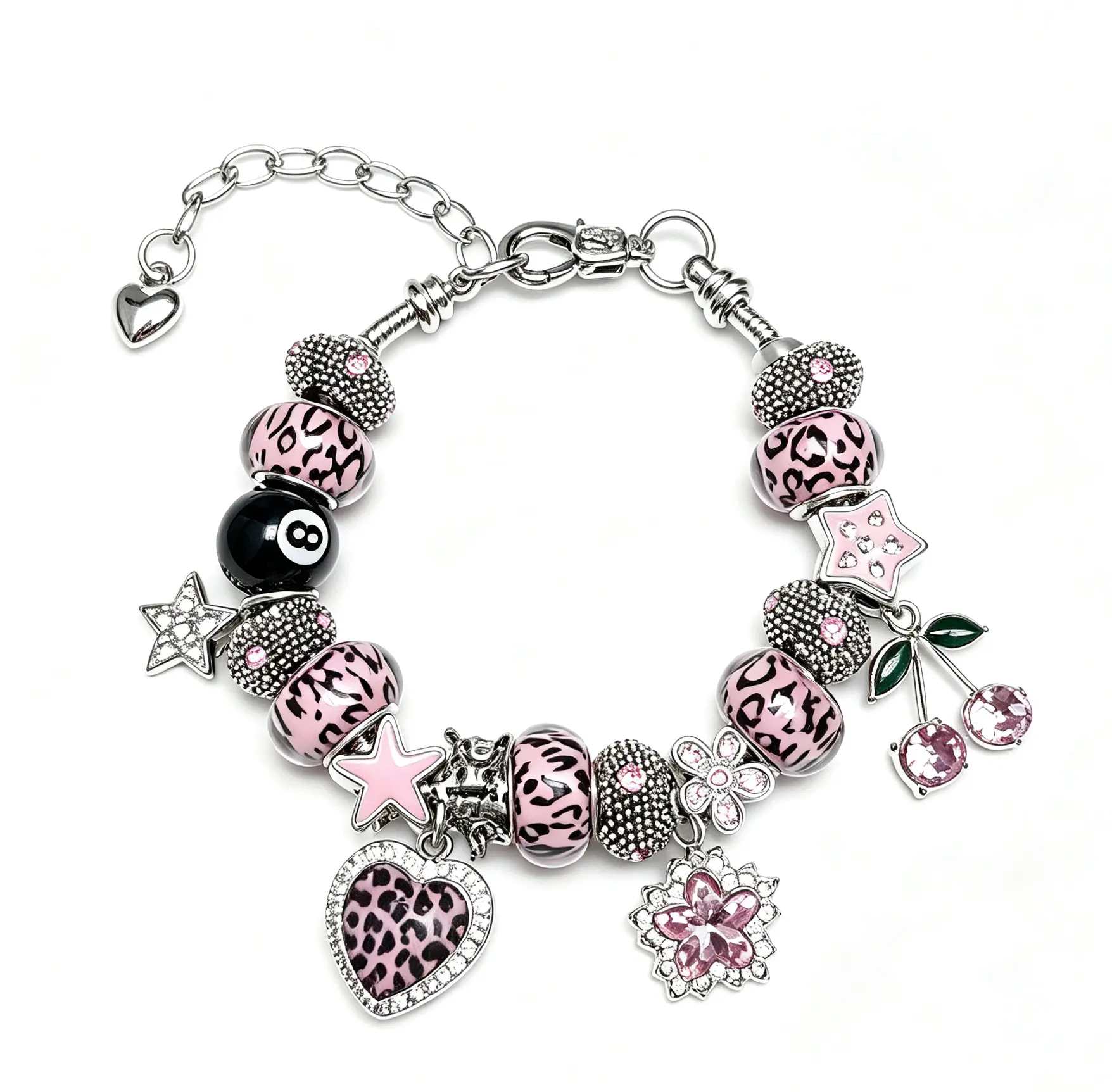 Viral Leopard Charm Bracelet (Pink/Blue) – 8-Ball, Cherry & Heart Pendants | Adjustable Silver Chain Gift for Her