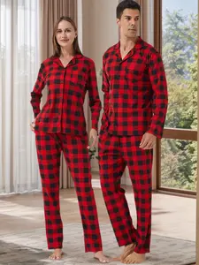Couple's Plaid Print Button Front Pocket Shirt & Pants Pajama Two-piece Set, Casual Comfy Long Sleeve Top & Trousers PJ Set, Men's Sleepwear for Spring & Fall