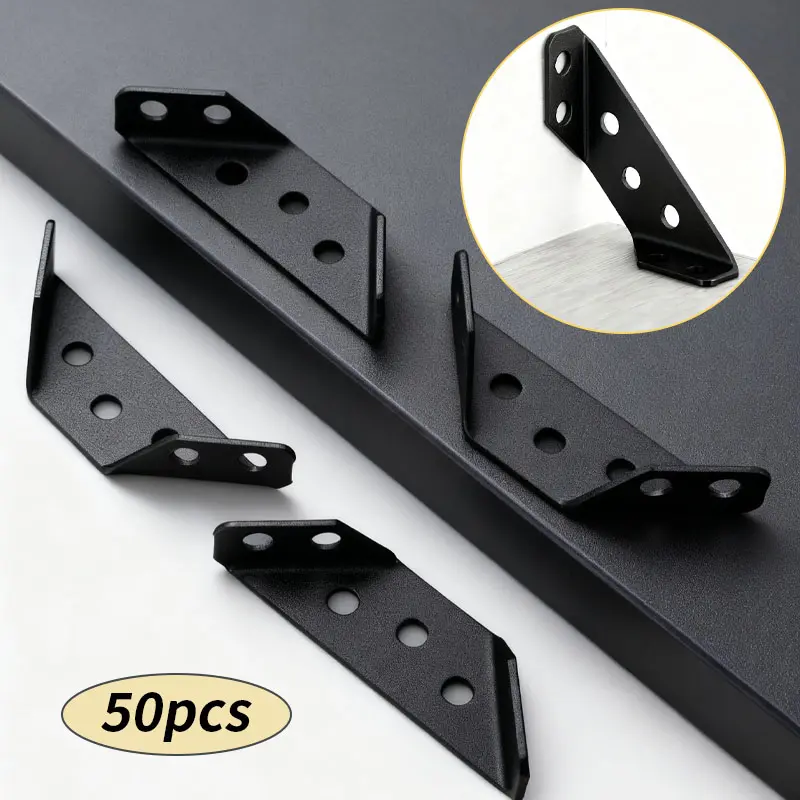 50pcs corner bracket, Sturdy Bracket, Furniture Joint Bracket, furniture corner connector, black corner code fixed on three sides, used for tables, chairs, and shelves