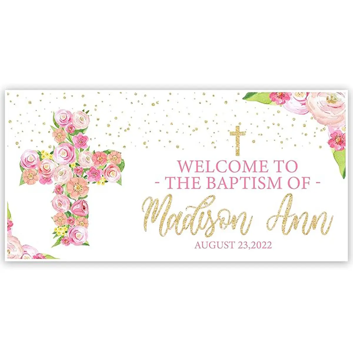Floral Cross Pink Baptism Personalized Banner