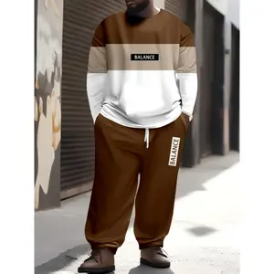 2PCs men's plus size casual set, color block balance print Fall Winter tracksuit-sweatshirt & drawstring pants