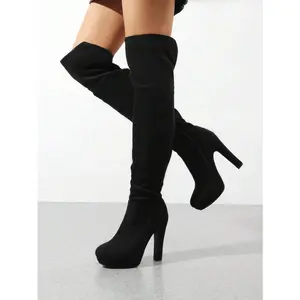 Women Chunky Heeled Over The Knee Boots Classic Suede Leather Round Toe High Heel Ultra Long Boots For Autumn & Winter Halloween Party Daily Wearing