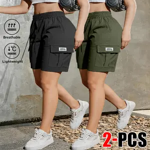 2-pack women’s summer fashion casual solid-color cargo shorts with drawstring waist and pockets, minimalist large patch pocket design; suitable for outdoor leisure, sports, and everyday stylish outfits—an ideal gift for a girlfriend Summervibes