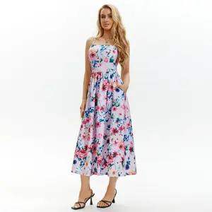 APUYO Women's Stylish Floral Summer Dress — Vintage-Inspired Midi Dress (with Pockets) featuring Delicate Spaghetti Straps; an Ideal Choice for Beach Vacations, Casual Outings, and Romantic Dinners.
