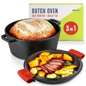 Modern Innovations 3-in-1 Dutch Oven & Skillet Combo, Preseasoned Cast Iron Cookware Set, 3.2QT Dutch Oven, 1.6QT Skillet with Lid, Versatile Pots and Pans for Camping & Home Cooking