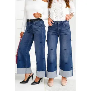 Risen High Rise Dark Wash Tummy Control Crop Wide Leg Jeans with Bows
