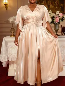 Plus Size Long Dress for Women, V Neck Pleated Evening Formal Gown, Flowy Sleeves, Floral Design, Elegance, Elegant Wedding Guest Dress, a Line Party Dress