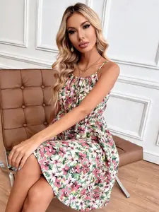 A women's elegant Floral printed sleeveless pullover dress with elastic waist and spaghetti straps, suitable for Casual Wear, summer, vacation, daily outings, an
