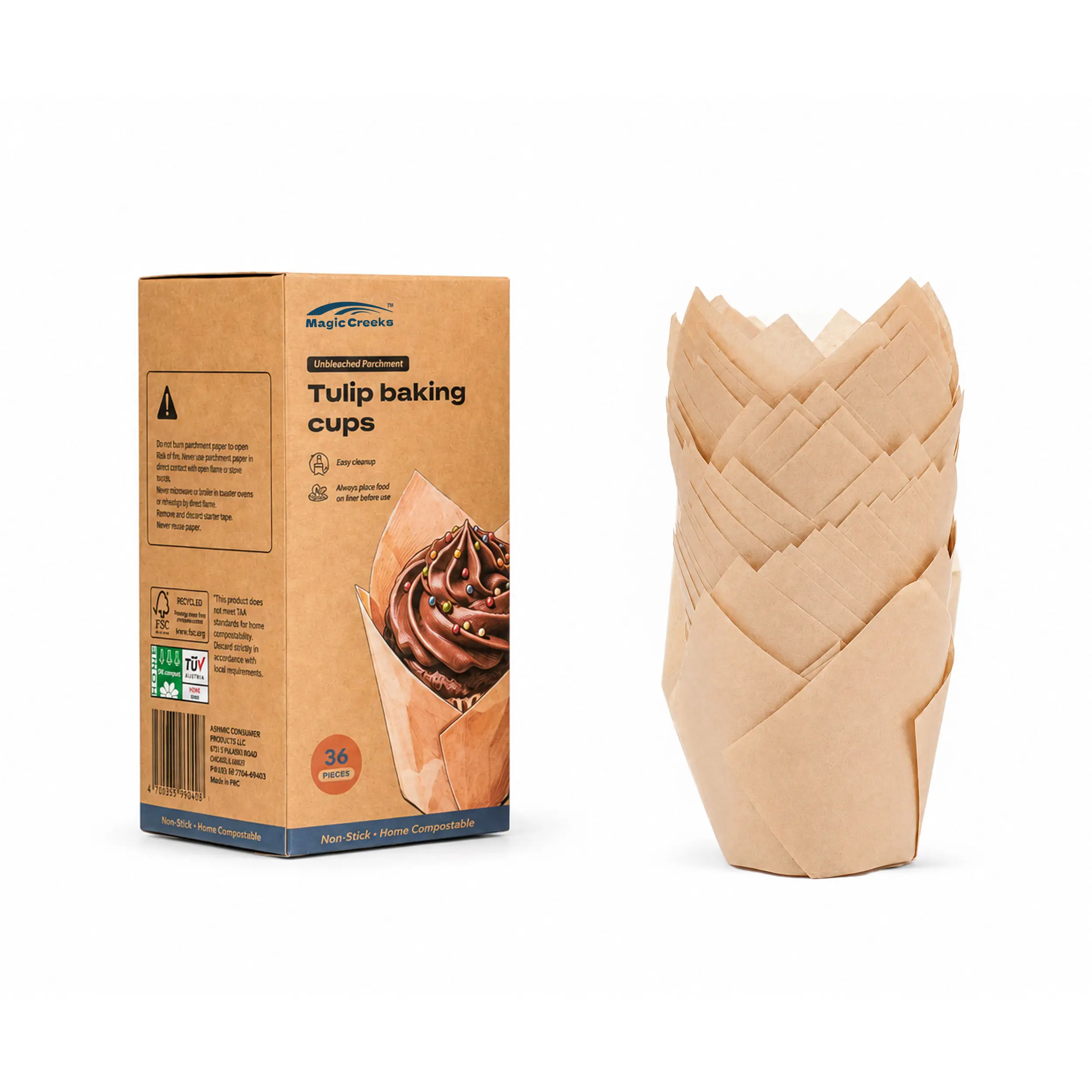 MagicCreeks Tulip Cupcake Shaped Disposable Baking Cups, Unbleached Parchment Paper, Non-Stick Food Grade Oven-Safe Utensils for Weddings, Muffins & Mini Cakes, Wood