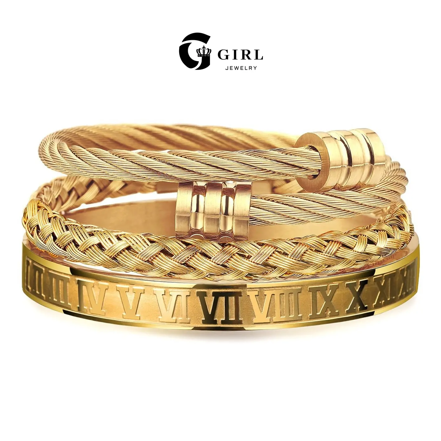 GGIRL 3-Piece Stainless Steel Bracelet Set | Twisted, Braided & Roman Numeral | Cross Open Cuff Bracelet GGIRL 3-Piece Stainless Steel Bracelet Set | Twisted, Braided & Roman Numeral | Cross Open Cuff Bracelet