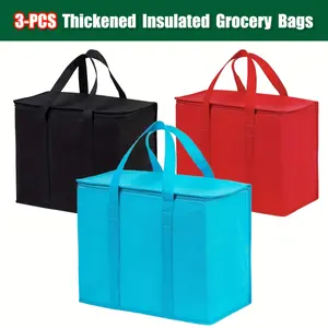 3pcs VENO Heavy-Duty Reusable Insulated Grocery Bags, Rectangular Polypropylene Tote with Reinforced Handles, Zipper Closure, Perfect for Shopping & Picnics, Picnic Essentials| Stylish Insulated Bag| Durable Shopping Bag, Insulated Tote B