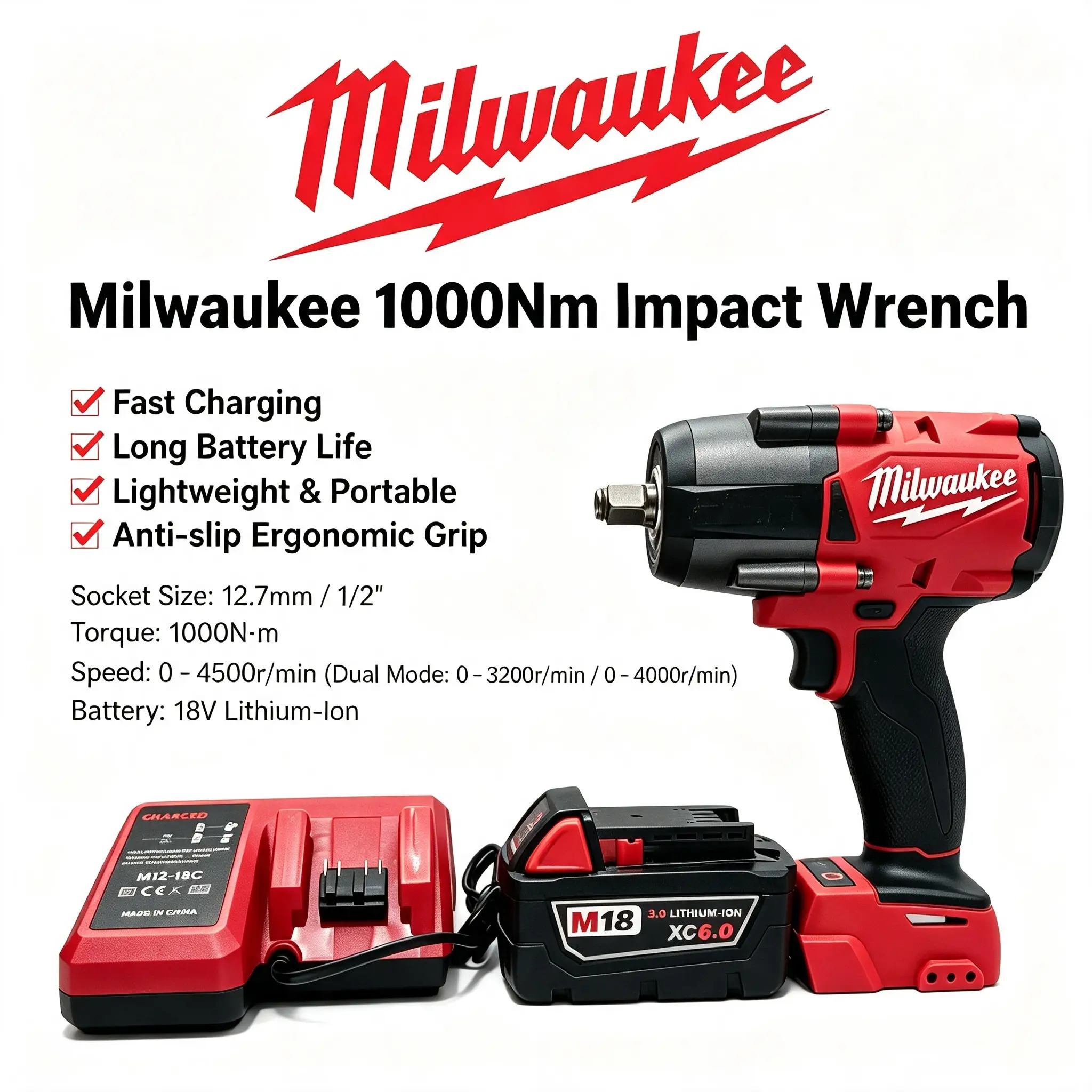 Milwaukee M18 1/2-Inch Brushless High Torque Impact Wrench Combo With M18 Battery Charger And Friction Ring For Heavy Equipment And Construction Bolting cordless power tool set speed