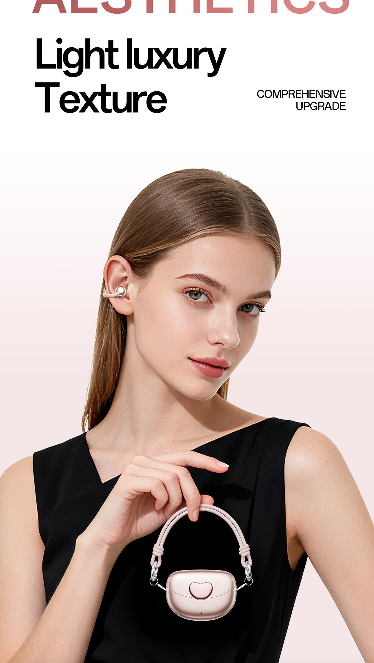 Chengruida M106 Cute Heart Shaped Bag Open Ear Clip-On Headphones, Panoramic Surround Sound Bluetooth Earbuds for All-Day Wear