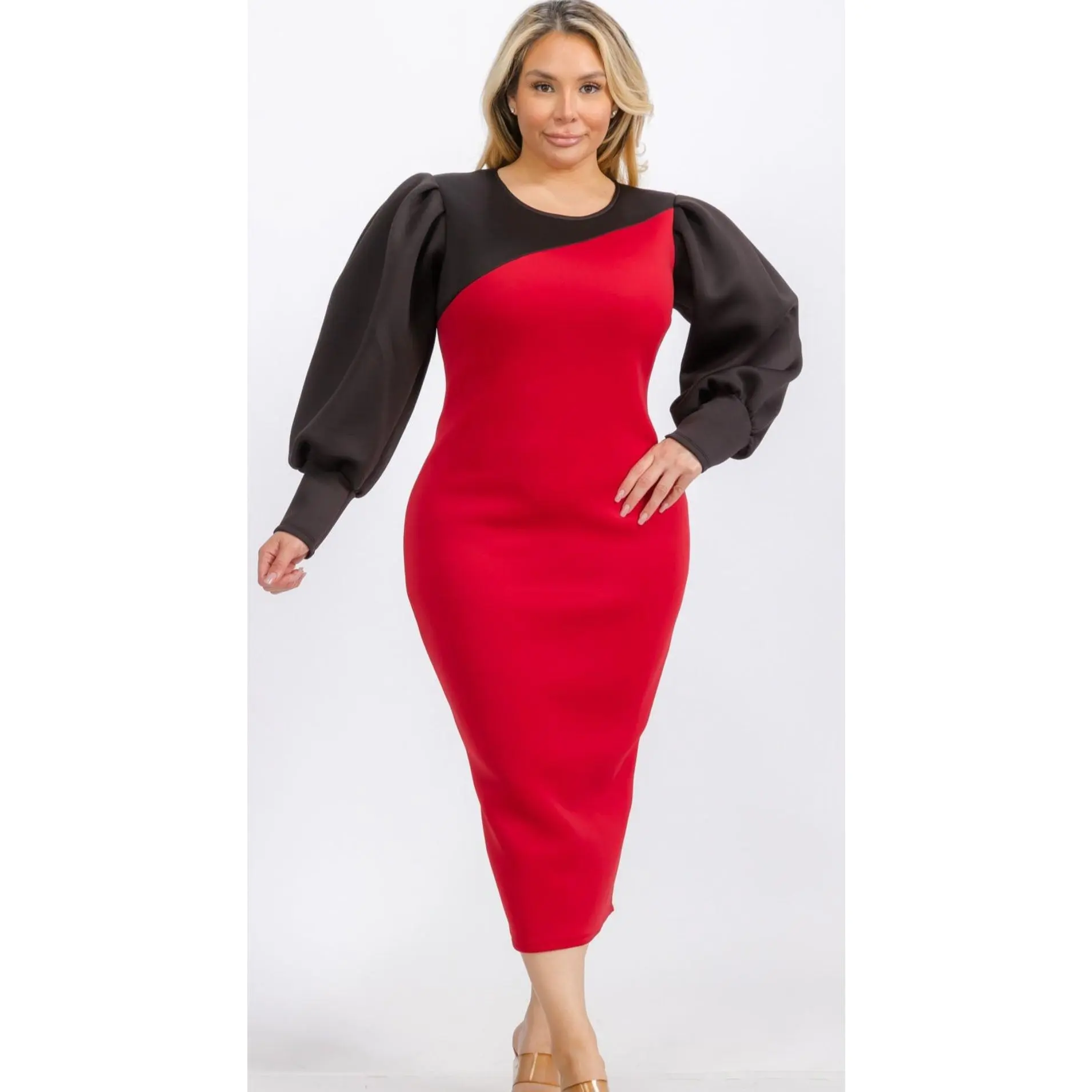 Plus Size Bishop Sleeves Smocked shoulder Two Tone Bodycon Dress