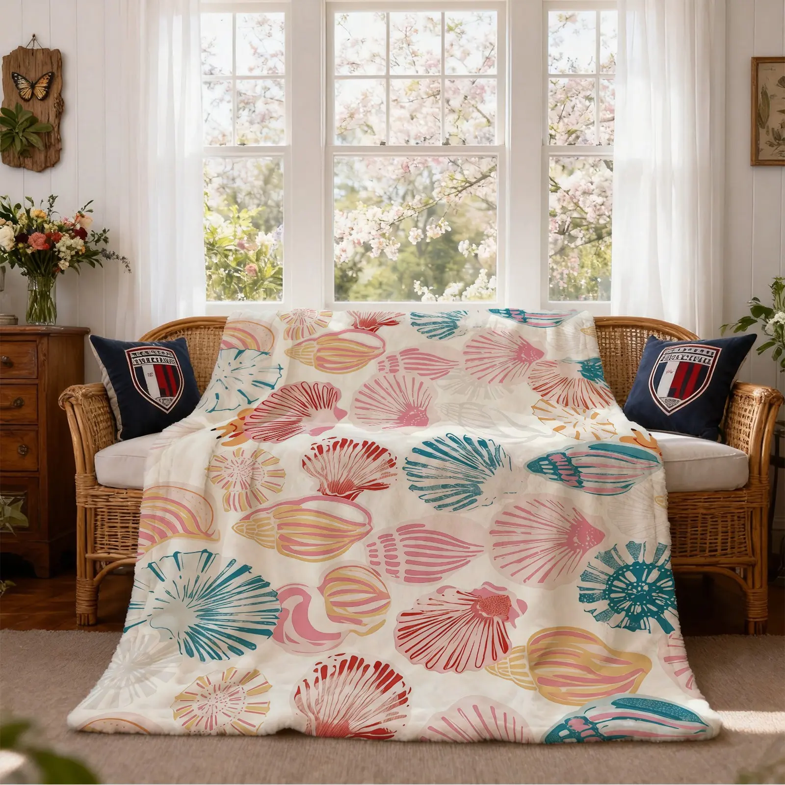 1 Pack Coastal Seashell Flannel Blanket, Soft Warm Throw Blanket, Cozy Gift Blanket for Couch, Bed & Camping, Nautical Ocean Shell Single-Side Printed, All Season Use