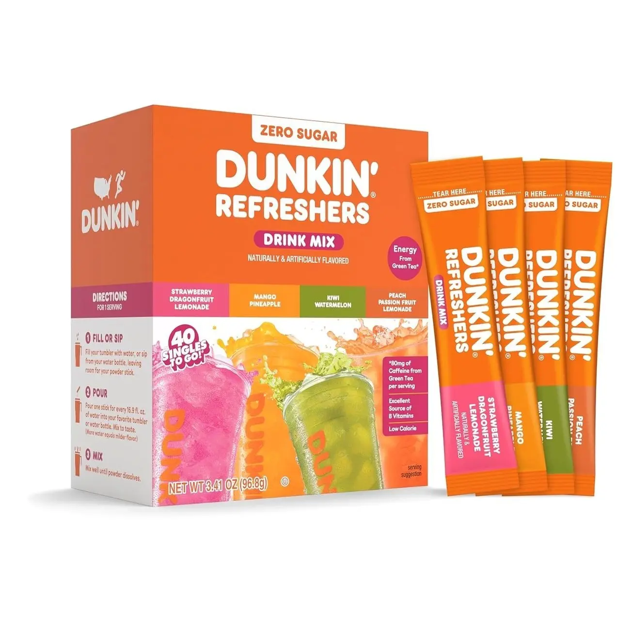 Singles To Go! Dunkin' Refreshers Green Tea Drink Mix Packets, 40 Count | Sugar Free, Loaded Tea Packets with Caffeine Energy from Green Tea, Aspartame-free, Just add water, Energy Drink Alternative Mixed Powder