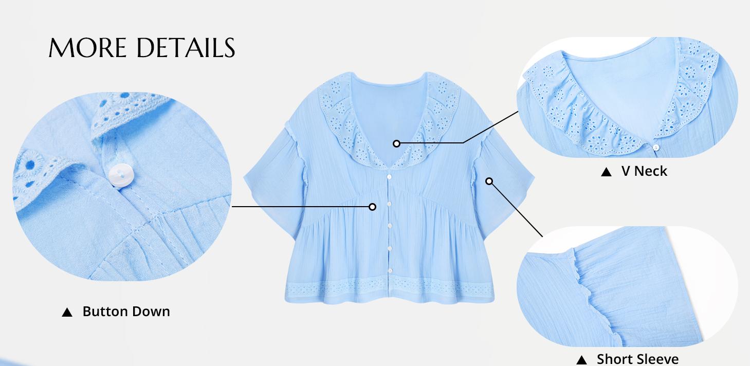 Cicy Bell Womens Cropped Babydoll Tops Summer Eyelet V Neck Short Sleeve Cute Blouses Ruffle Shirts