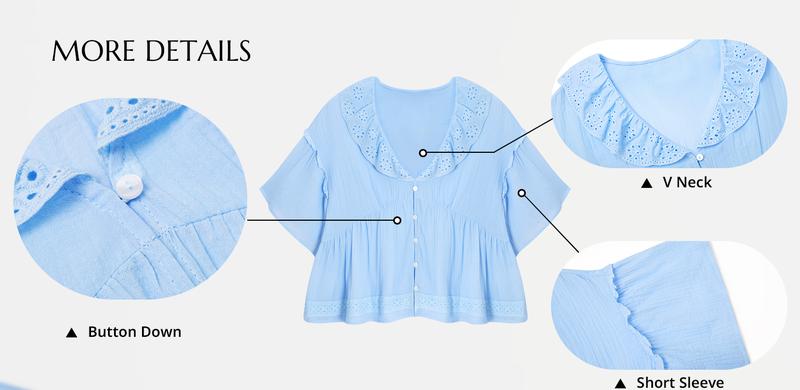 Cicy Bell Womens Cropped Babydoll Tops Summer Eyelet V Neck Short Sleeve Cute Blouses Ruffle Shirts