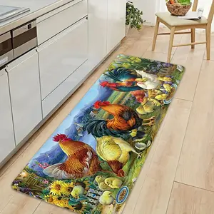 Jit-1 Farmhouse Rooster Print Flannel Kitchen Rug, Non-Slip Runner Mat, Vintage Home Decor for Kitchen Bedroom Living Room Office