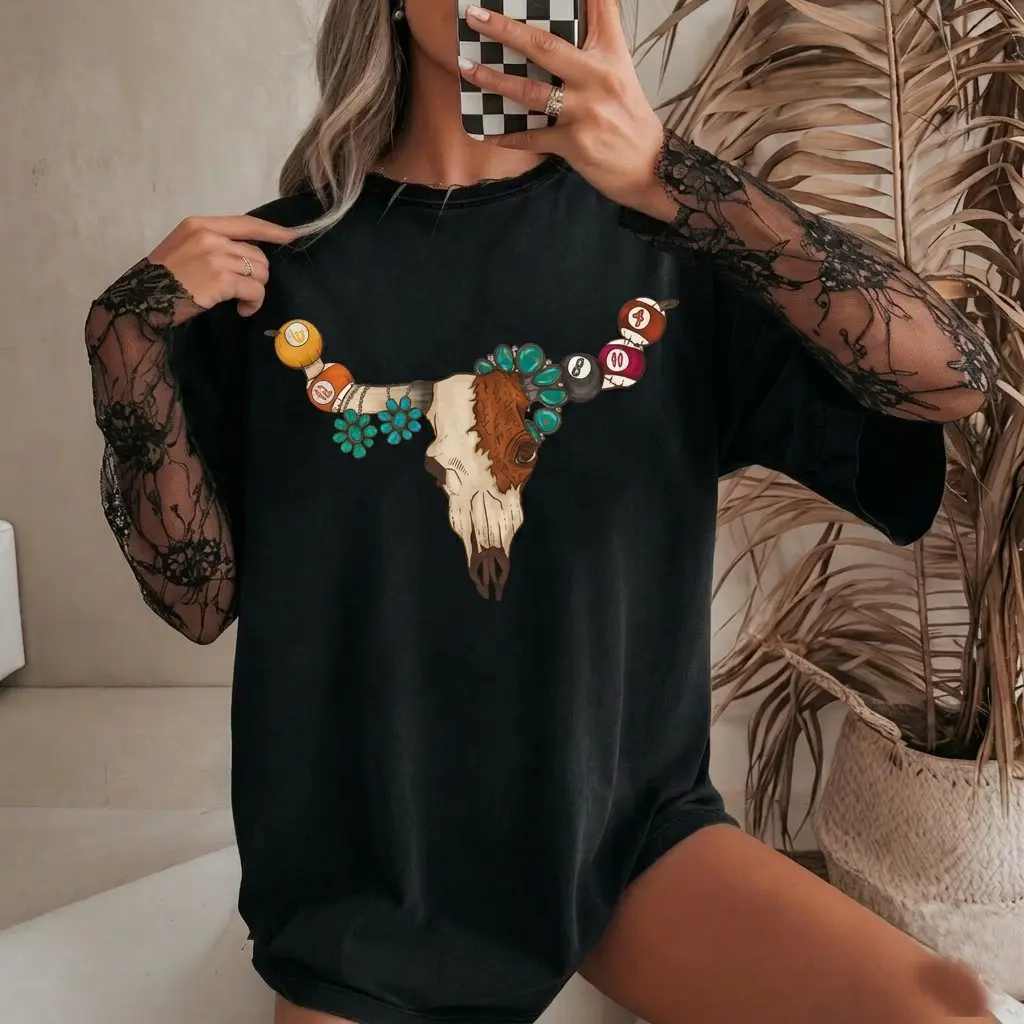 Scratch Billiard Bull Skull Tshirt, Western Boutique Fashion For Her Top, Country Vibe Styles Top Womenswear