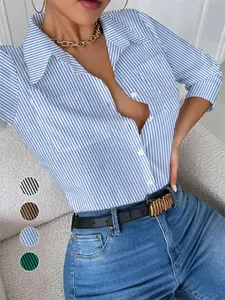 Autumn Women's Long Sleeve Striped Shirt Casual Fashion Top, Comfortable and Stylish, Perfect for Daily Wear, Ladies' Wardrobe Essential