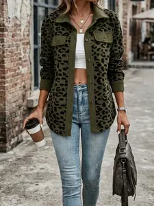 Women's Leopard Print Corduroy Shirt Jacket, Fall Loose Fit Vintage Collar Long Sleeve Open Front Top, Casual Fashion Outerwear Womenswear Coats