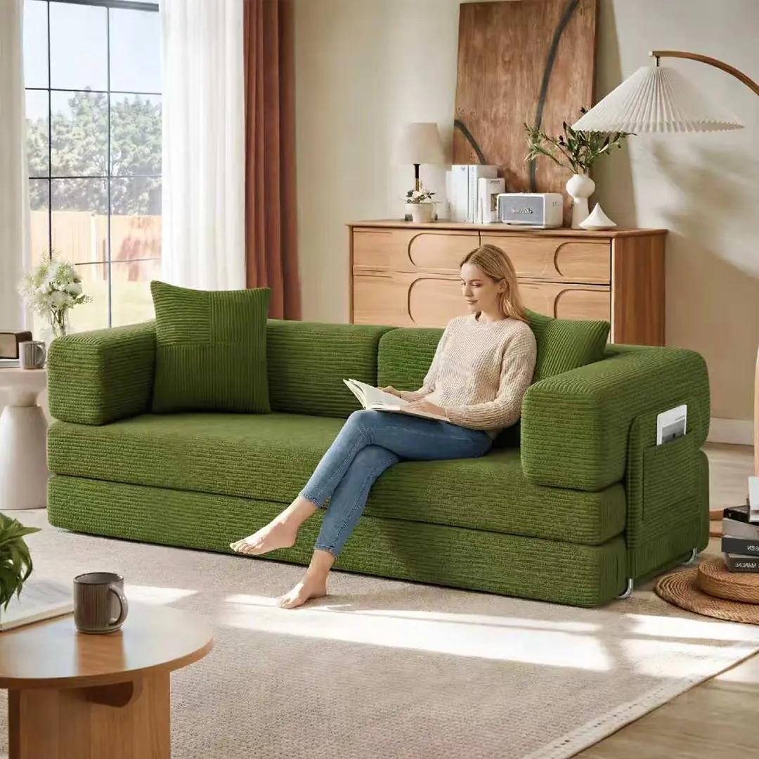 Vacuum Compressed Boneless Corduroy Modular Sofa Bed, Convertible Extendable 3-Seater Tofu Block Sectional Couch with Side Storage Pocket, Avocado Green Reconfigurable Floor Sofa for Small Apartment Living Room