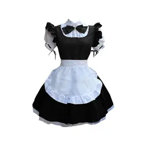 Large Size Maid Cosplay Costume Dress with Black & White Lace Apron & Adjustable Sling - Elegant Ruffled Neckline, Full Skirt with Puff Sleeves, All-Season Comfort, Machine Washable - Themed Party, Cosplay Events & Daily Wear - Adult Roleplay
