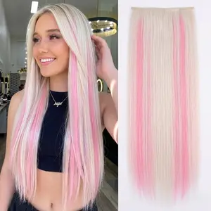 SummerVibes Clip in Long Straight/Wavy Synthetic Hair Extension 20Inch 4PCS Thick Hairpieces Fiber Double Weft Hair for Women Pinkish Purple mix Brown Black