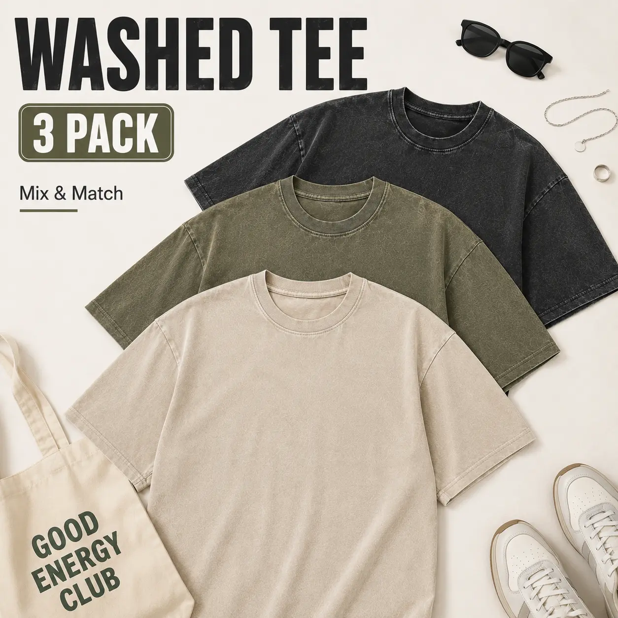 (3-Pack) Unisex Loose-Fit T-Shirt — Minimalist, retro-style heavyweight pure cotton tee; suitable for fitness, sports, and casual streetwear.