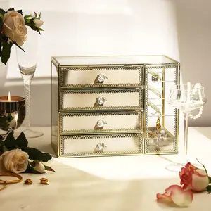 Jcbeauty golden glass brass jewelry box with 4draws&lid Jewelry organizer jewelry holder necklace organizer earring holder Luxury tempered Glass velvet jewelry boxes jewelry storage for vanity bedroom Great gift for her