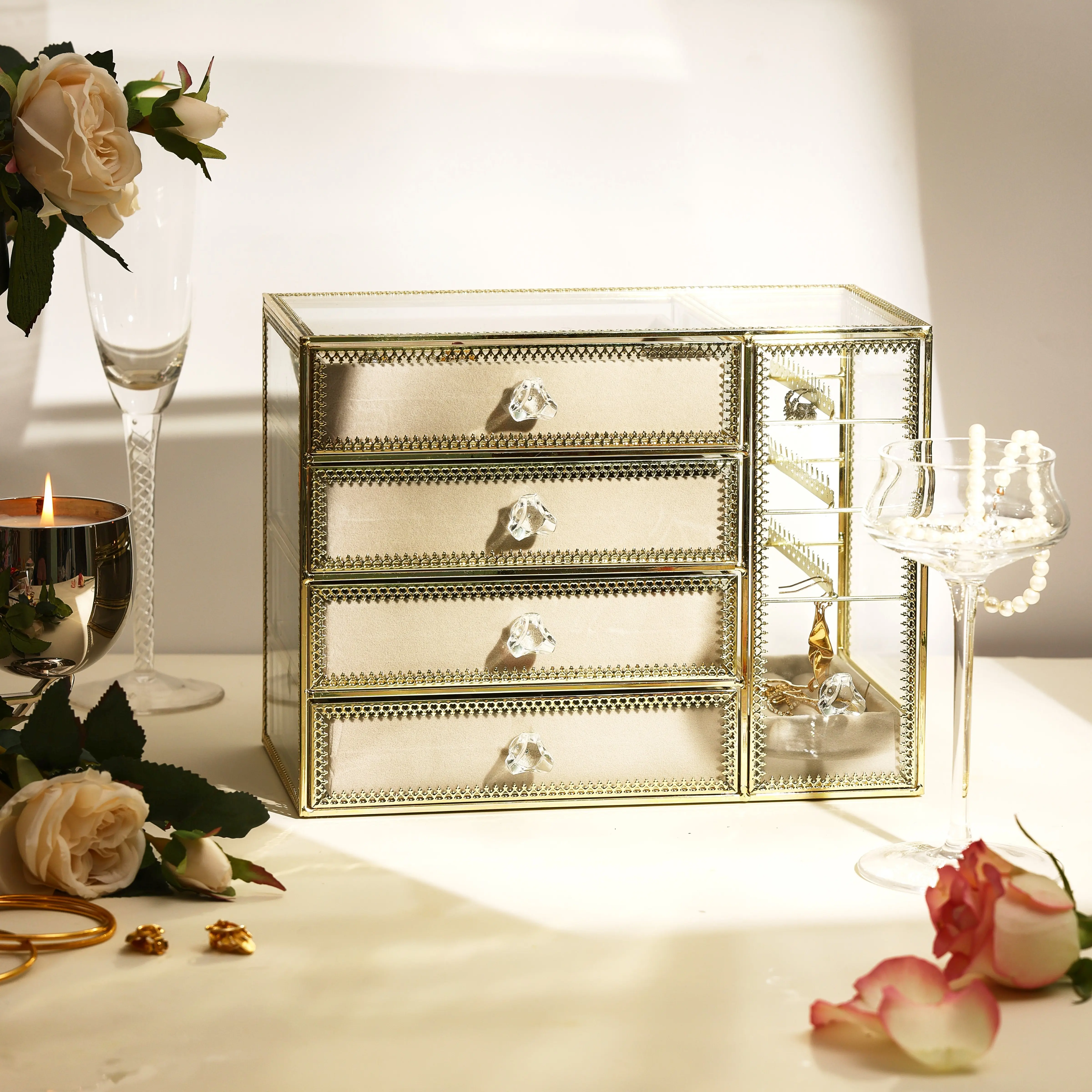 Jcbeauty golden glass brass jewelry box with 4draws&lid Jewelry organizer jewelry holder necklace organizer earring holder Luxury tempered Glass velvet jewelry boxes jewelry storage for vanity bedroom Great gift for her