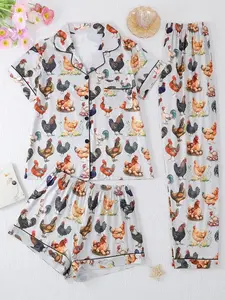 Women's 3-Piece Sleepwear Set, Casual Cute Pajamas Cartoon Farmhouse Chicken Egg Print, Button Front Short Sleeve Top & Loose Shorts Pants, All Seasons, Loungewear