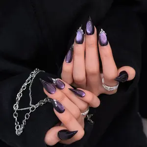 Handmade Ice Short Cat Eye Nail Tips, Removable Glossy Fake Nails, Enhancing, Single Item, Non-Flammable Liquid