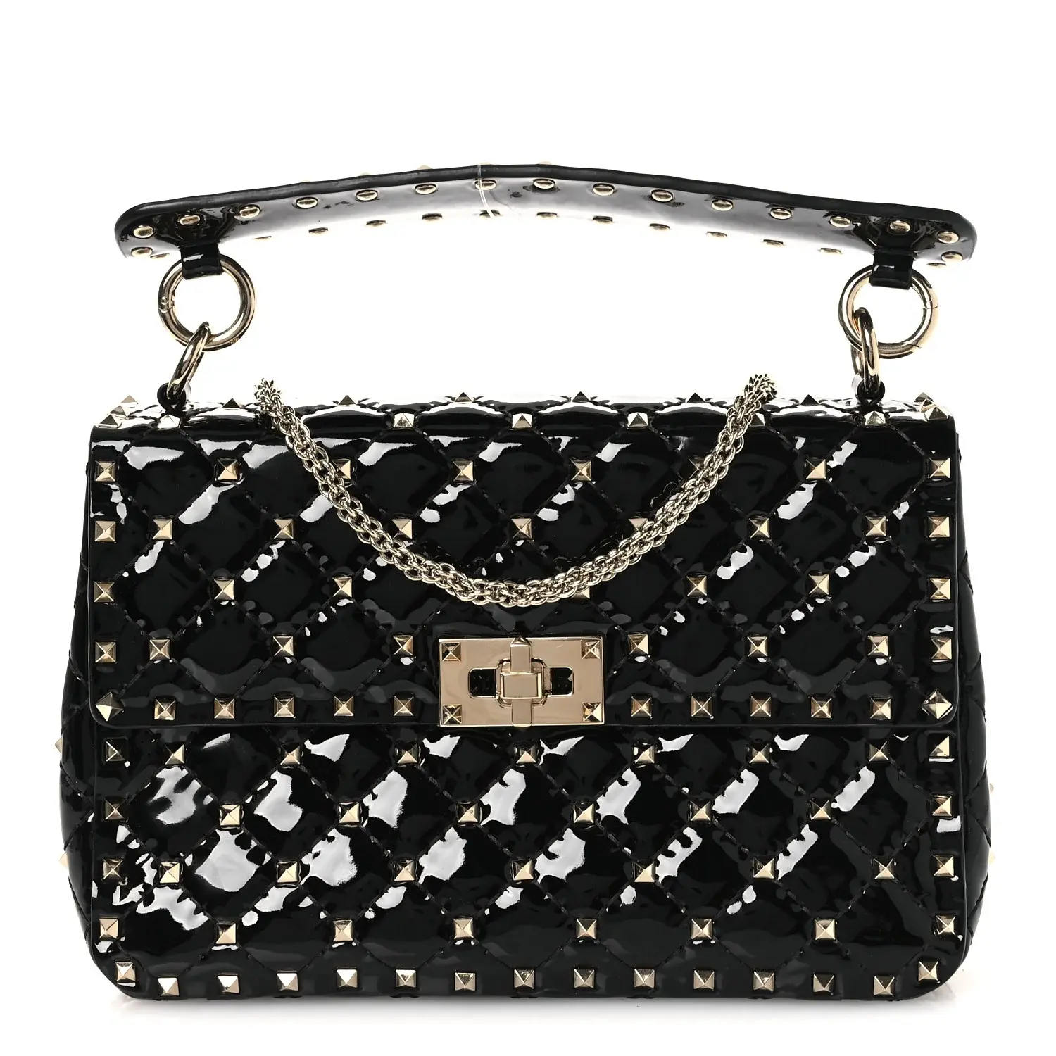 Pre-owned Valentino Calfskin Shoulder Bags Garavani Patent Medium Rockstud Spike Shoulder Bag Black