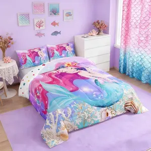 Kids Cute Mermaid Comforter Set for Girls Rainbow Purple Mermaid Tail Printed Pattern Quilt for Girls Bedroom All Season Cute Kids Room Decor Bedding